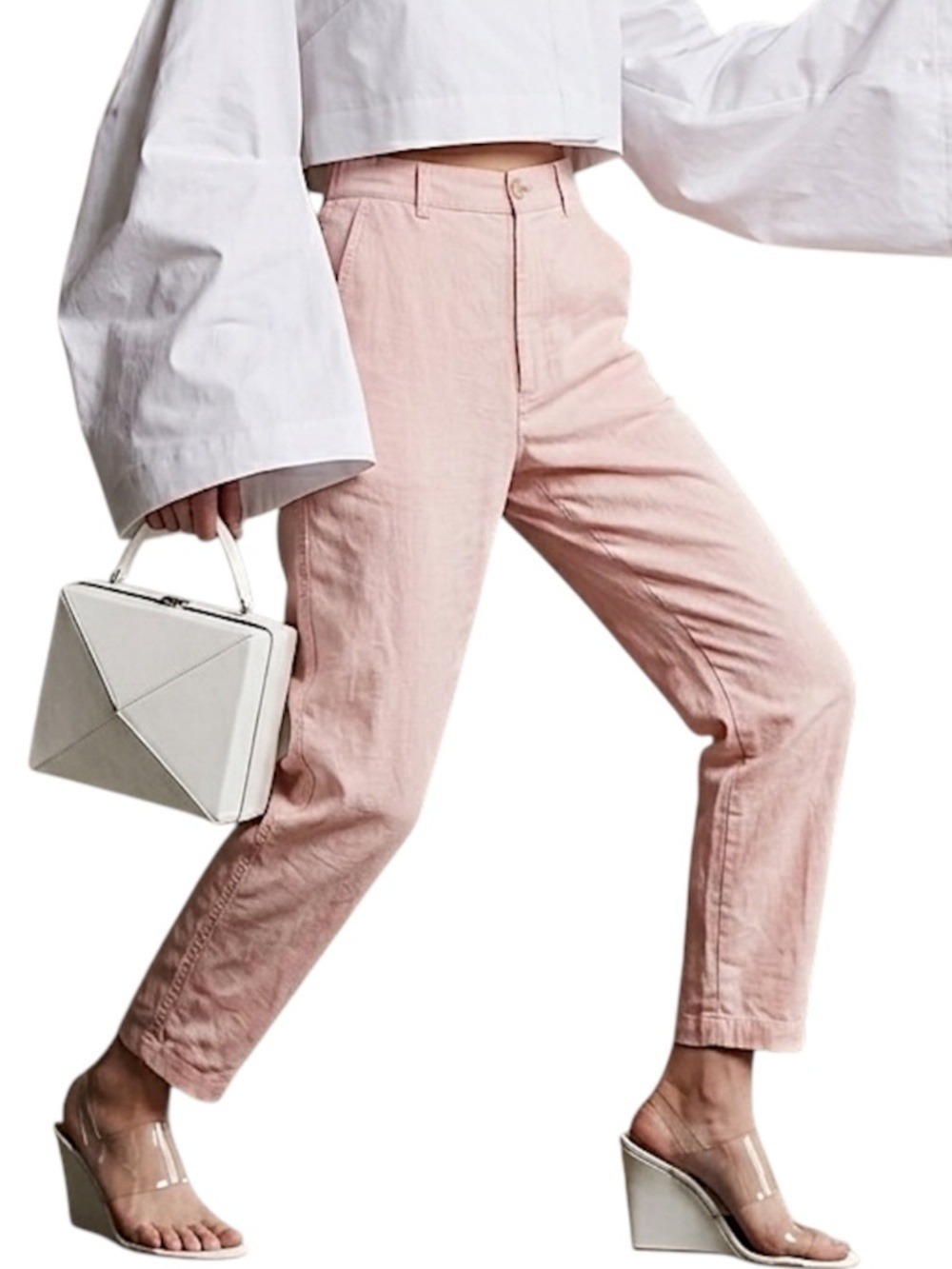 UNIQLO linen cotton pastel pink high rise tapered minimal old money trousers XS